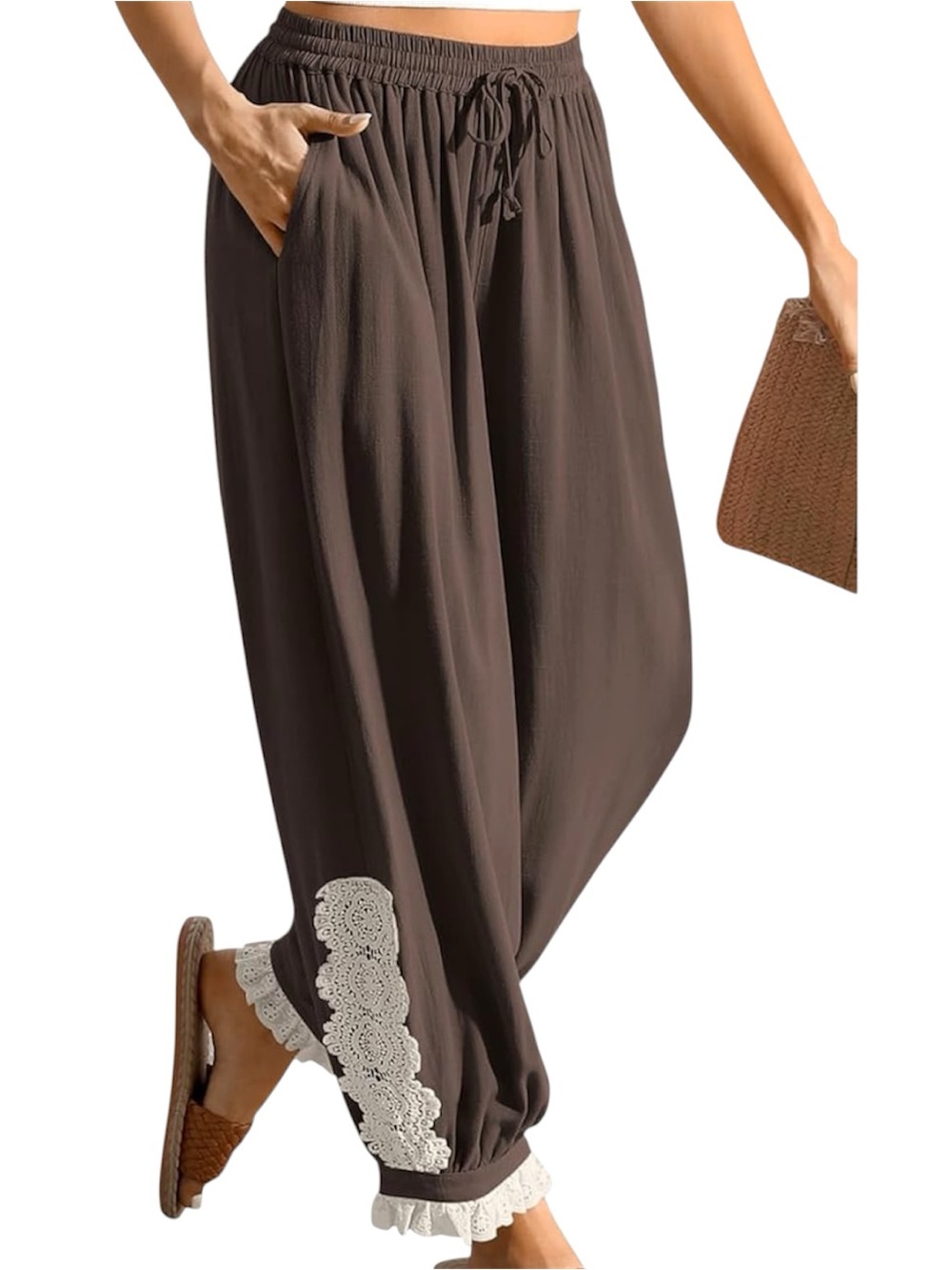 Tarse Linen Harem Pants with lace trim